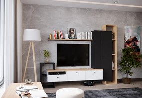 Mobilier de perete living, negru/alb/stejar craft auriu, DENISO