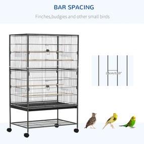 Cusca papagali de Interior din Otel si Lemn cu Tavă Detasabila, 4 Roți, Recipient pentru Alimente 78x52x132cm, Gri Inchis PawHut | Aosom Romania