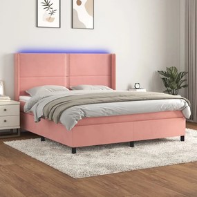 vidaXL Pat cu arcuri, saltea &amp; LED, roz, 180x200 cm, catifea