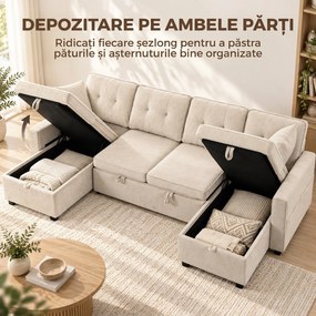HOMCOM Colțar extensibil mare în formă de U, cu 2 șezlonguri, spații de depozitare și 2 perne, din șenilă, bej | Aosom Romania