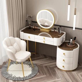 Set Lucia Premium, Masă de toaletă pentru machiaj, incarcare Wireless+USB+USB C, difuzor Bluetooth, oglindă iluminată LED, control touch, trei tipuri culoare, 6 sertare, scaun, 100 cm