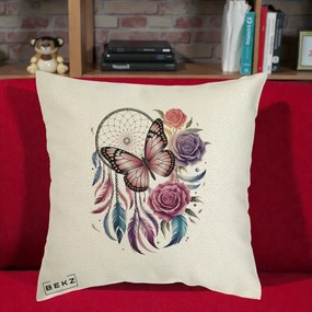Perna Personalizata Prinzator de Vise cu Fluture si Trandafiri, 40x40 cm, Ecru, Husa Detasabila, Perna Inclusa, BEKZ®
