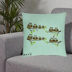 Perna Decorativa Familie de Bufnite pe Ramuri, 40x40 cm, Verde Menta, Husa Detasabila, Perna Inclusa, BEKZ®