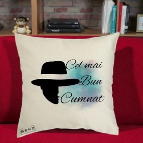 Cadou pentru Cumnat - Perna Personalizata Cel mai Bun Cumnat cu Silueta Palarie si Pete Teal-Roz, 40x40 cm, Ecru, Husa Detasabila, Perna Inclusa, BEKZ®
