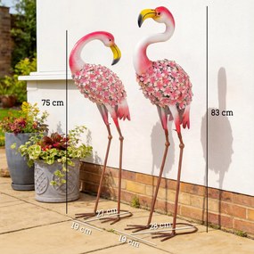 Outsunny Set 2 statuete Flamingo pentru grădină, păsări metalice cu pene florale, sculpturi cu țăruși de ancorare, Roșu | Aosom Romania