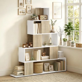 HOMCOM Bibliotecă cu 5 Rafturi Tip Trepte, Alb și Lemn Natural | Aosom Romania
