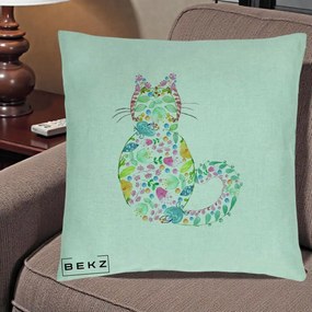 Perna Decorativa Pisica Florala Acuarela, 40x40 cm, Verde Menta, Husa Detasabila, Perna Inclusa, BEKZ®