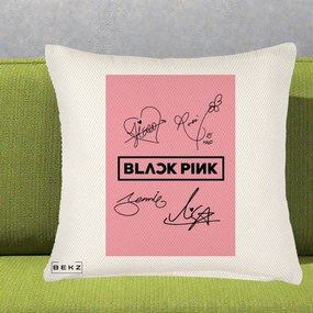 Perna Personalizata K-pop BLACKPINK Semnaturi Roz, 40x40 cm, Crem Reliefat, Husa Detasabila, Perna Inclusa, BEKZ®