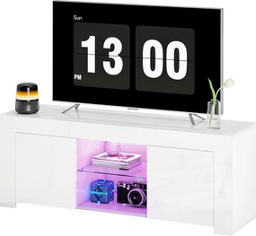 HOMCOM Dulap TV cu iluminare LED, 2 uși, raft din sticlă, orificii pentru cabluri, pentru living, placă aglomerată, Alb | Aosom Romania