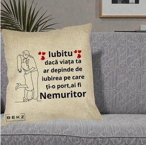 Cadou pentru Iubit - Perna Personalizata Iubitu Nemuritor cu Cuplu Line-Art si Inimi Rosii, 40x40 cm, Crem, Husa Detasabila, Perna Inclusa, BEKZ®