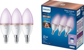 Set de 3 becuri LED RGB dimabile Philips SMART C37, soclu E14/4,9W/230V, 2200-6500K
