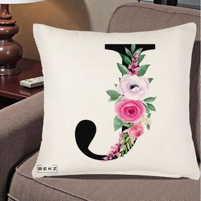 Cadou Personalizat - Perna Personalizata Monograma Florala Litera J, 40x40 cm, Crem Reliefat, Husa Detasabila, Perna Inclusa, BEKZ®