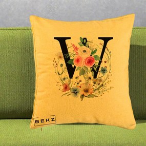 Cadou Personalizat - Perna Personalizata Monograma Florala Litera W, 40x40 cm, Galben, Husa Detasabila, Perna Inclusa, BEKZ®