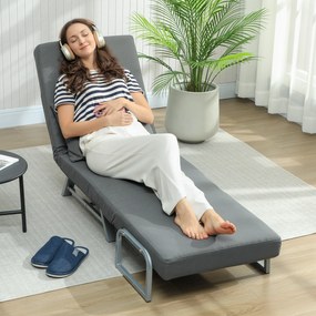 HOMCOM Fotoliu Pat 3 în 1 cu Spătar Reclinabil pe 5 Nivele, din Țesătură Efect de In, 73x78x81 cm, Gri Închis | Aosom Romania