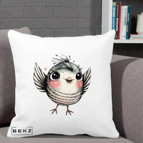 Perna Decorativa Pasare Gri cu Aripi si Inimioare, 40x40 cm, Alba Mata, Husa Detasabila, Perna Inclusa, BEKZ®