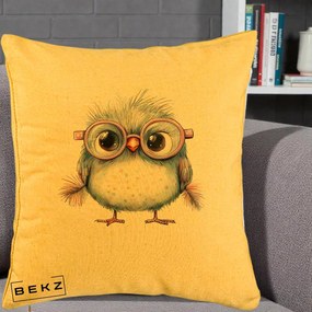 Perna Decorativa Pui Pufos cu Ochelari Roz, 40x40 cm, Galben, Husa Detasabila, Perna Inclusa, BEKZ®
