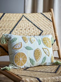 Pernă decorativă din bumbac galben cu felii de lămâie brodate și mărgele, 50×35 cm, „Lemon"