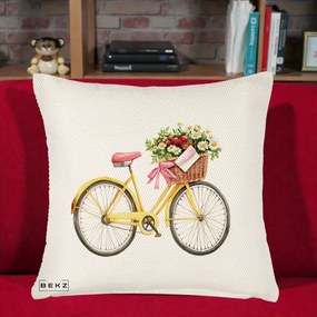 Perna Decorativa Bicicleta Galbena cu Cos de Flori Primavara, 40x40 cm, Crem Reliefat, Husa Detasabila, Perna Inclusa, BEKZ®