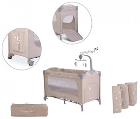 Patut pliant transformabil in tarc copii NOVOKIDS™ Onceuponatime NEST, 62X125 cm, 2 Niveluri, Jucarie Carusel muzical, Fermoar acces lateral, Bej