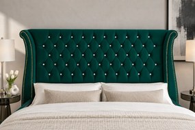 Pat tapițat din catifea Zafira 160×200 cm, verde, cu ladă de depozitare
