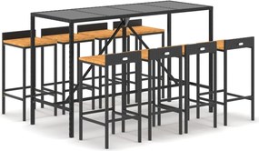 vidaXL Set bar pentru grădină, 9 piese, negru, poliratan/lemn acacia