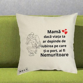 Cadou pentru Mama - Perna Personalizata Mama Nemuritoare Portret Graphic, 40x40 cm, Ecru, Husa Detasabila, Perna Inclusa, BEKZ®
