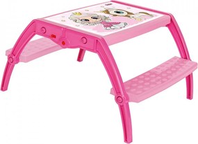 Masuta copii din plastic aditivat cu doua bancute Novokids™ Study Table, dimensiuni 95X78X49 cm, Suprafata lucioasa, Model Printesa cu Unicorn, Roz