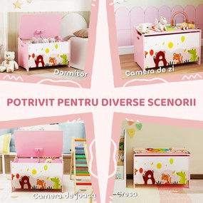 AIYAPLAY Ladă de depozitare pentru jucării cu balamale de siguranță din lemn pentru copii, Roz | Aosom Romania