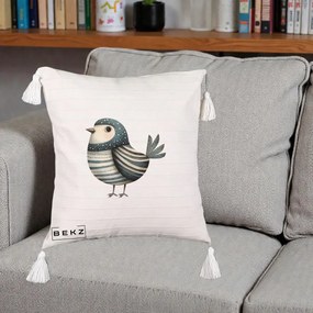 Perna Decorativa Pasare Teal Decorativa Dungata, 40x40 cm, Bej cu Franjuri, Husa Detasabila, Perna Inclusa, BEKZ®