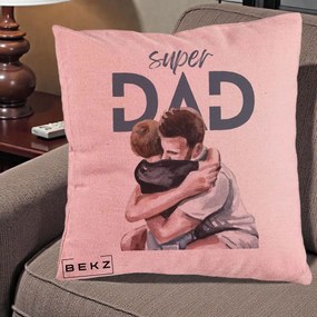 Cadou pentru Tata - Perna Personalizata Super Dad Tata si Fiu Imbratisare, 40x40 cm, Roz, Husa Detasabila, Perna Inclusa, BEKZ®