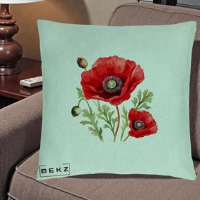 Perna Decorativa Maci Rosii Acuarela, 40x40 cm, Verde Menta, Husa Detasabila, Perna Inclusa, BEKZ®
