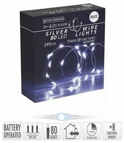 Sârmă luminoasă cu temporizator Silver lights 80LED, alb rece, 395 cm