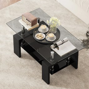 HOMCOM Măsuță de Cafea Modernă cu 2 Nivele din Lemn și Oțel cu Blat din Sticlă Temperată, 90x50x42 cm, Negru | Aosom Romania