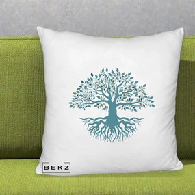 Perna Decorativa Copacul Vietii Teal cu Radacini, 40x40 cm, Alb Pufos, Husa Detasabila, Perna Inclusa, BEKZ®