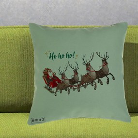 Perna Decorativa Ho Ho Ho Mos Craciun cu Sanie si Reni, 40x40 cm, Verde, Husa Detasabila, Perna Inclusa, BEKZ®