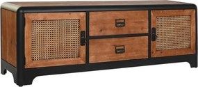 Comodă TV living din lemn și metal, maro, cu 2 uși din cannage, 2 sertare și cadru metalic negru, 50 x 150 x 40 cm, „Nordic Barn”