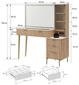 SEM21 - Set masă toaletă 122 cm pentru machiaj cu oglindă LED, Prize si USB – Design modern și funcțional - Alb, Antracit sau Culoarea Stejar