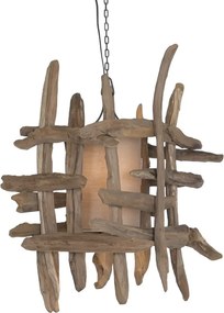 Lustră suspendată din rădăcină de tec reciclat și in, maro, finisaj natural, 79 x 50 cm, „Coucy”