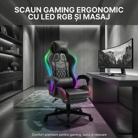 RESIGILAT- Scaun gaming, sistem iluminare bandă LED RGB, masaj în perna lombară, suport picioare, Negru