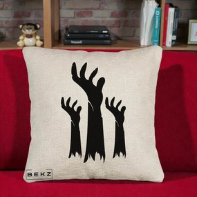 Perna Decorativa Halloween Maini Zombie Alb-Negru, 40x40 cm, Bej Canapea, Husa Detasabila, Perna Inclusa, BEKZ®