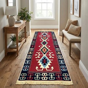 Traversa hol tesuta traditional, 80x300 cm, 2 fete, kilim, rosu