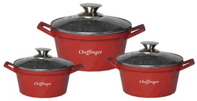 Set de 3 Cratite Cheffinger cu Capac si Acoperire de Marmura Anti-lipire Rosu