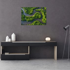 Tablou pe sticlă - Peisaj forestier cu râu (70x50 cm)