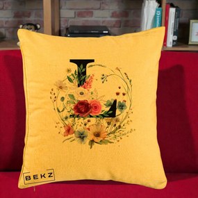 Cadou Personalizat - Perna Personalizata Monogram Litera L cu Flori Acuarela, 40x40 cm, Galben, Husa Detasabila, Perna Inclusa, BEKZ®