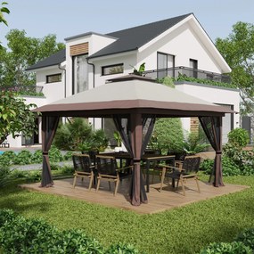 Outsunny Pavilion Pliabil Pop-Up 4x4 m cu Înălțime Reglabilă pe 3 Niveluri, Pavilion de Exterior cu Plasă de Țânțari, Saci de Nisip, Geantă de Transport, UV50+, pentru Grădină, Camping, Petreceri, Bej | Aosom Romania