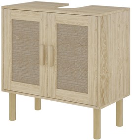 HOMCOM Mobila baie sub chiuveta mobilier sub chiuveta usi din rachita picioare din lemn de pin 2 nivele 60 x 30 x 60 cm stejar | Aosom Romania