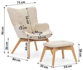 Fotoliu cu taburet bej cu tapițerie din catifea reiată Niko – Ropez