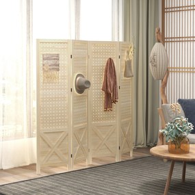 HOMCOM, Paravan interior din lemn, 4 panouri, separator de cameră pliabil, panou perforat, 152 x 1,7 x 144,5 cm, lemn natural | Aosom Romania