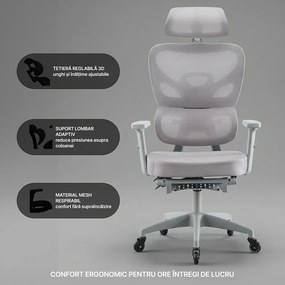 RESIGILAT- Scaun ergonomic, cotiere 3D, suport lombar adaptiv, spătar reglabil pe inaltime, tetiera 3D, suport pentru picioare, pivotant, Mesh, Gri