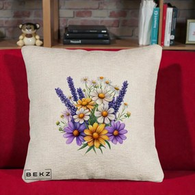Perna Decorativa Lavanda Musetel si Flori Mov, 40x40 cm, Bej Canapea, Husa Detasabila, Perna Inclusa, BEKZ®
